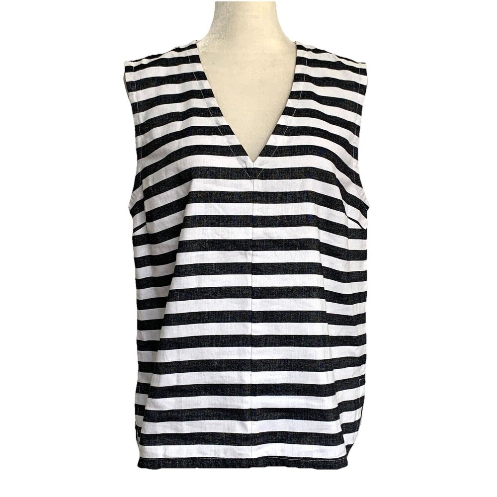 Kate Spade Saturday Linen Cotton Top Minimalist Clean Girl Black White Stripe XL - Picture 2 of 6